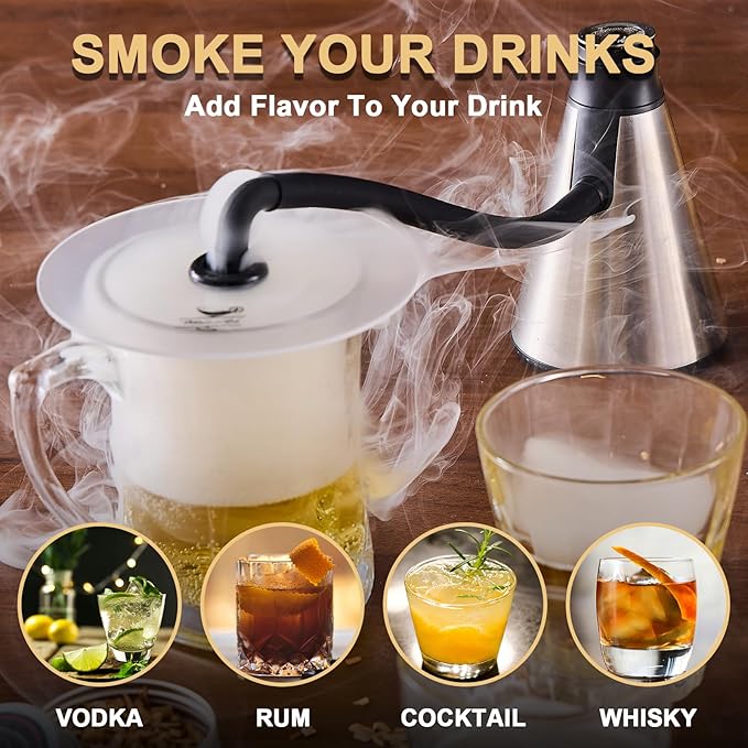 Smoke Gun Cocktail Smoker Kit - Complete Cocktail Smoker Kit with 4 Wood Flavors, Accessories, and Brush - Perfect Drink Smoker Kit for Infusing Flavor into Cocktails (Silver(Dome not included))