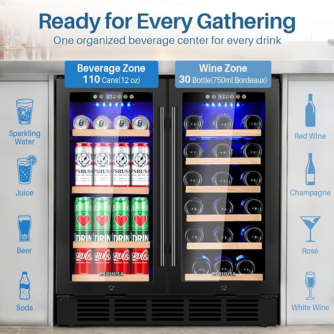 30 Inch Wine and Beverage Refrigerator Dual Zone Wine Fridge Beverage Cooler with Glass Door, Holds 110 Cans and 30 Bottles, Seamless Frame Built In or Freestanding for Home Bar, Kitchen