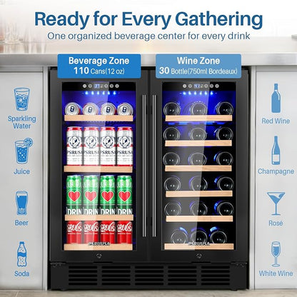 30 Inch Wine and Beverage Refrigerator Dual Zone Wine Fridge Beverage Cooler with Glass Door, Holds 110 Cans and 30 Bottles, Seamless Frame Built In or Freestanding for Home Bar, Kitchen