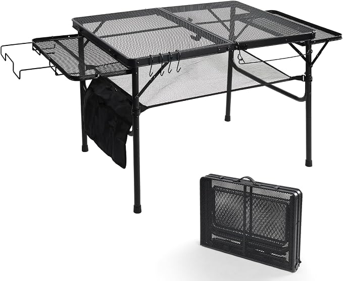 3 Ft Camping Table Foldable, Metal Mesh Grill Table with Side Wing Panels | Black Finish, 2 Adjustable Heights, Storage Net, Paper Towel Holder, Hooks and Trash-Bag Rack for Camping, BBQ and Picnics