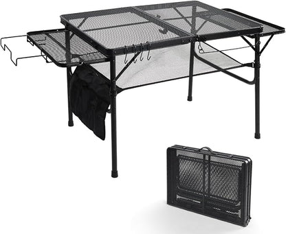 3 Ft Camping Table Foldable, Metal Mesh Grill Table with Side Wing Panels | Black Finish, 2 Adjustable Heights, Storage Net, Paper Towel Holder, Hooks and Trash-Bag Rack for Camping, BBQ and Picnics