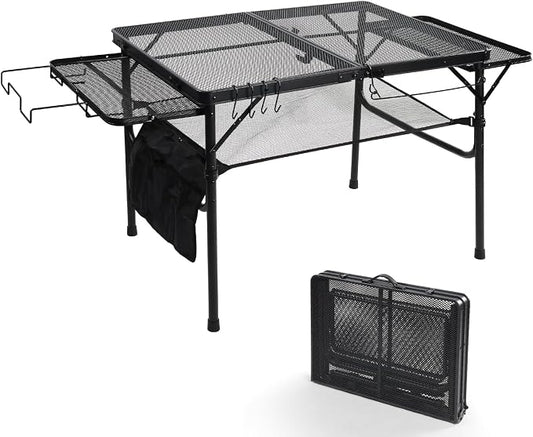 3 Ft Camping Table Foldable, Metal Mesh Grill Table with Side Wing Panels | Black Finish, 2 Adjustable Heights, Storage Net, Paper Towel Holder, Hooks and Trash-Bag Rack for Camping, BBQ and Picnics