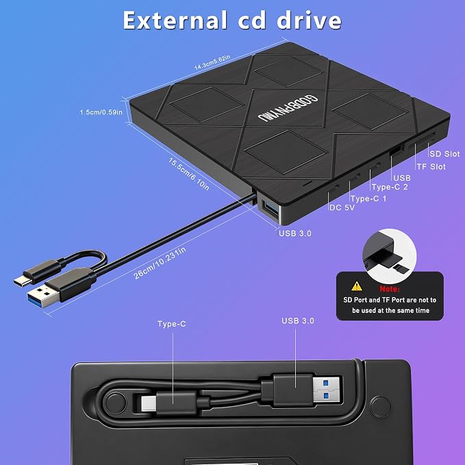 8-in-1 External Blu-ray Drive, USB-C Hub & Card Reader for Laptop | Win11/10/8/7/Mac OS.compatible · 2 USB + USB-C ports,TF/SD Card Reader, · 1+4 storage bags included