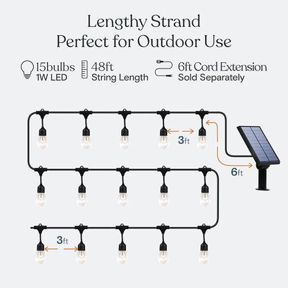 Brightech Ambience Pro Solar Powered Outdoor String Lights, 48 ft Commercial Grade Waterproof Patio Lights, Shatterproof LED String Lights for Outside, Porch - 15 Edison Bulbs, 1W Warm White