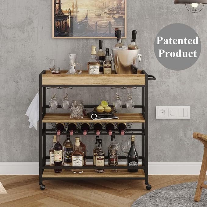Bar Cart for The Home, Bar Serving Carts on Wheels, 3 Tier Storage Drink Trolley, Rolling Wood and Metal Liquor Beverage Cart (Vintage Oak)