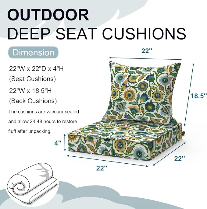 DYTXIII Outdoor Deep Seat Cushion Set, Water Repellent 22"x22" Patio Thick Cushions Replacement with Seat & Back Pillow for Patio Sofa, Wicker Chair, Couch - Fiesta Floral