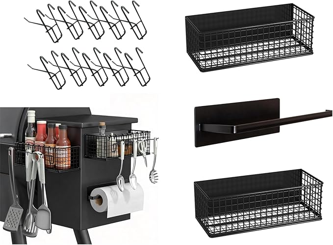 2 Pack Magnetic Storage Bin for Trae-ger Grills, Trae-ger Accessories for Smoker with Paper Towel Holder & 10 Hooks, Fits Trae-Ger Pro 22/34/575/780, Ironwood 650/885, Pit-Boss & Z-Grills