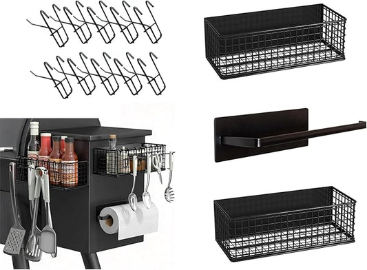 2 Pack Magnetic Storage Bin for Trae-ger Grills, Trae-ger Accessories for Smoker with Paper Towel Holder & 10 Hooks, Fits Trae-Ger Pro 22/34/575/780, Ironwood 650/885, Pit-Boss & Z-Grills