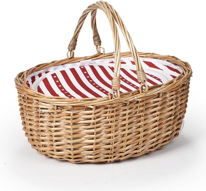 Wicker Picnic Basket 15"x11"x7" Insulated Liner Red White Stars | Insulated Zip Liner Helps Keep Drinks and Snacks Cool, Sturdy Woven Basket Suits Parks, Camping, Holidays and Gift Giving