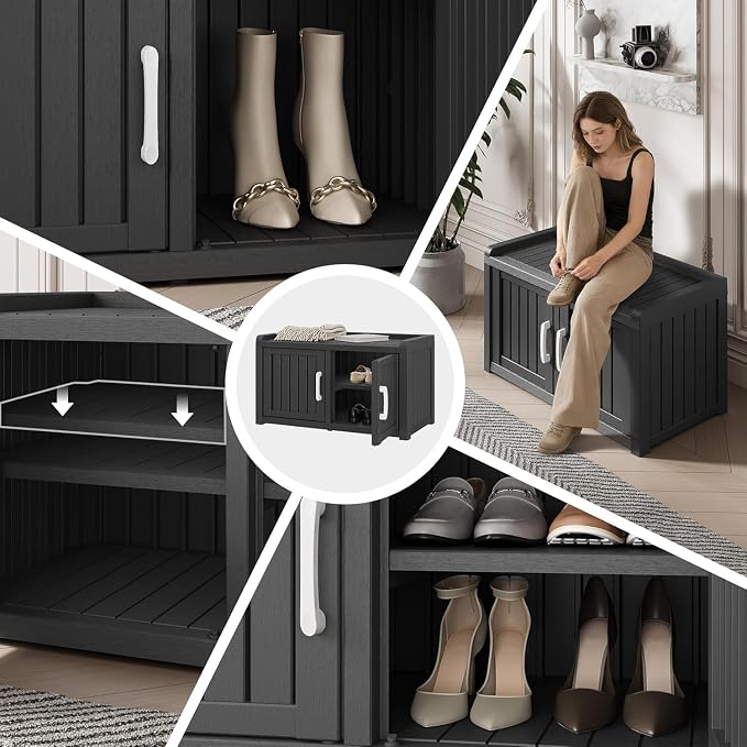 Outdoor Shoe Storage Bench with 2 Doors, Waterproof UV-Resistant Resin Cabinet, Entryway Organizer for Porch, Hallway, Black