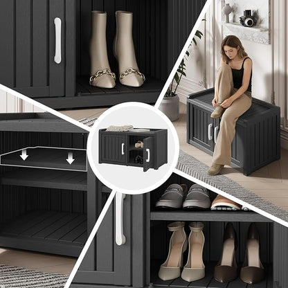 Outdoor Shoe Storage Bench with 2 Doors, Waterproof UV-Resistant Resin Cabinet, Entryway Organizer for Porch, Hallway, Black