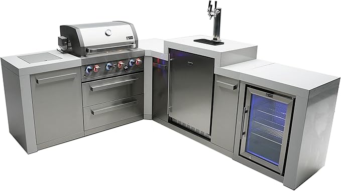 Mont Alpi Premium 82"W x 98"D Deluxe L-shaped Stainless Steel Outdoor Kitchen Island + 3-tap Kegerator Beer Dispenser + Refrigerator + 32"W 4-Burner BBQ Grill + Side Burner + Storage Cabinets + Cover
