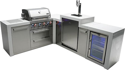 Mont Alpi Premium 82"W x 98"D Deluxe L-shaped Stainless Steel Outdoor Kitchen Island + 3-tap Kegerator Beer Dispenser + Refrigerator + 32"W 4-Burner BBQ Grill + Side Burner + Storage Cabinets + Cover
