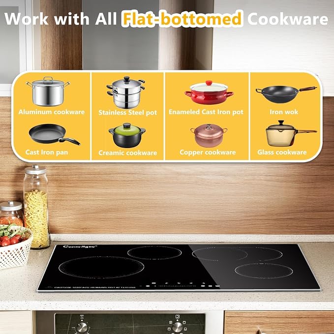 30 Inch Electric Cooktop, 4 Burner Built-In Radiant Ceramic Stove Top | 30 inch built-in radiant ceramic cooktop, 4 burners, 220-240V hardwired, touch control, flat-bottom cookware.