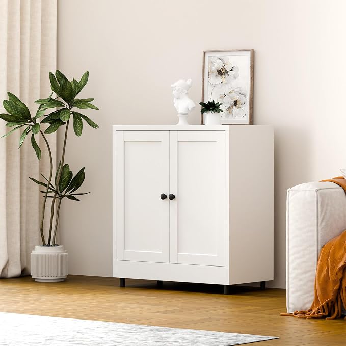 Metal Storage Cabinet with 2 Doors and Adjustable Shelf, Steel Sideboard Buffet Cabinet for Home Office Hallway Entryway Kitchen Living Dining Room (White)