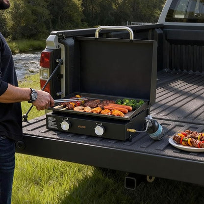 VEVOR Gas Griddle, 2 Burner Tabletop Griddle, 22 inch Portable Griddles Propane with Lid, Oil Drain Hole & Oil Collection Tray, 22000BTU Camping Flat Top Grill for Outdoor Cooking, Tailgating