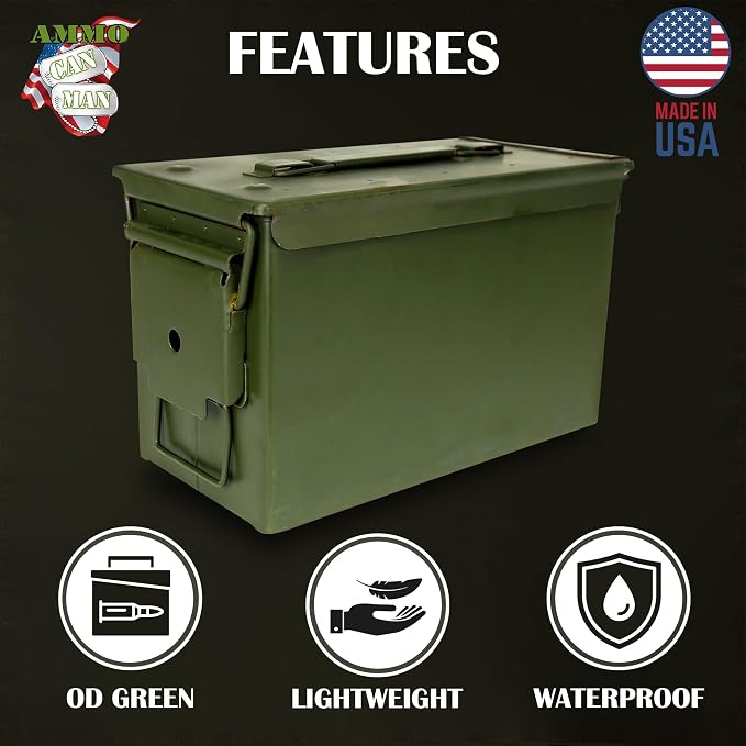 U.S. G.I. M2A1 50 Cal Ammo Can Organizer (OD Green) - Watertight Seal Metal Storage Box w/ Hinged Lid & Secure Latch – Ideal Ammo Can Surplus for Gear, First Aid, & Survival Supplies | First Aid | & Survival Supplies | Keeps Cans Locked In