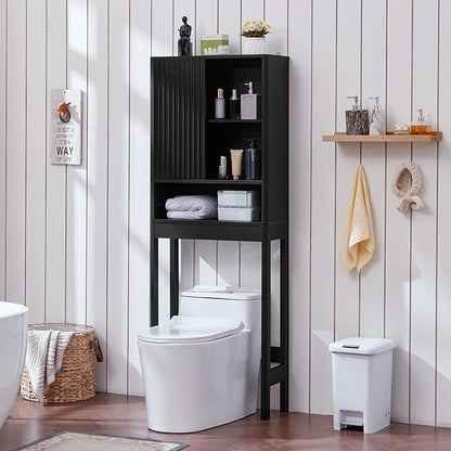 LEYAOYAO Fluted Over The Toilet Storage Cabinet, Farmhouse Over Toilet Bathroom Organizer with a Sliding Door, 68" Tall Black Freestanding Washer Shelf with Adjustable Shelf & Curved Profile