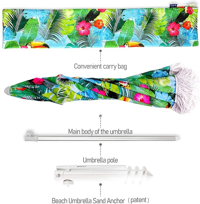AMMSUN 6.5ft Tropical Fringe Beach Umbrella with Sand Anchor,Tilt,Air Vent | Heavy Duty High Wind Sun Shade Umbrellas,UPF50+,Portable Carry Bag,Windproof,for Sand Patio Garden Pool Backyard Outdoors
