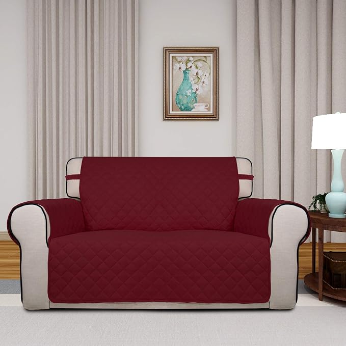 PureFit Reversible Quilted Couch Covers for Dogs Loveseat Sofa Cover 46.5” | Red/Ivory, Water Resistant Couch Protector, Washable Pet Couch Cover with Non Slip and Elastic Straps For Kids