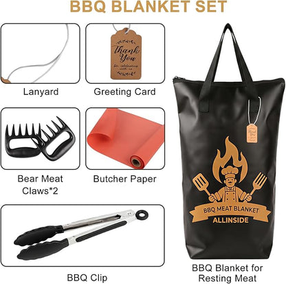 Allinside BBQ Blanket for Resting Meat - Extra Large Insulated Meat Resting Bag with Meat Shredder Claw, Grill Tongs, Butcher Paper, Greeting Card & Lanyard | Professional Grilling Kit for Smoker