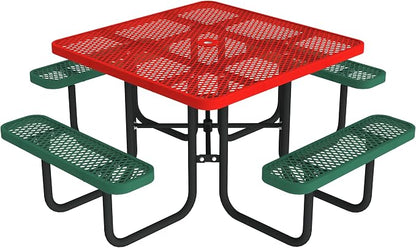 Norwood Commercial Furniture Open Air Series Heavy Duty Portable Square Surface Mount, 46-Inch Outdoor Picnic Table, Red Top/Green Seat