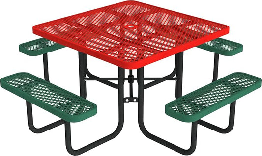 Norwood Commercial Furniture Open Air Series Heavy Duty Portable Square Surface Mount, 46-Inch Outdoor Picnic Table, Red Top/Green Seat