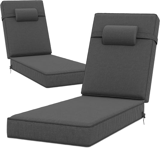 72 x 21 x 4 Inch Olefin Chaise Lounge Cushions, Lounge Chair Cushions with Headrest for Outdoor Furniture - Weather and Fade Resistant Patio Replacement Furniture Lounge Chair Cushion Set of 2