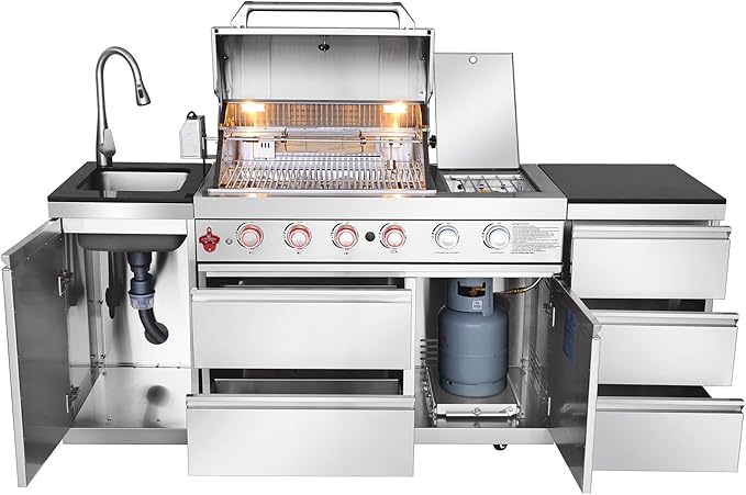 83" Outdoor Kitchen Island with Grill and Side Burner, 4-Burner 71,500 BTU Propane BBQ Island, Sink & Three-Drawer Storage, Rotisserie, for Backyard and Patio Cooking, Silver