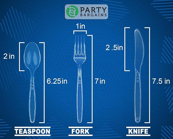 Party Bargains Disposable Cutlery set, Color: Clear Sapphire, Count: 720 Pcs: 120 Knives, 240 Spoons, 360 Forks