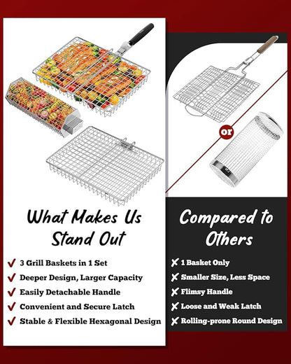 Grill Baskets for Outdoor Grilling, 3PCS Grilling Baskets with Removable Handle, Stainless BBQ Accessories for Vegetables, Fish, Shrimp, Outdoor Camping Cooking Tools Gifts for Men Dad