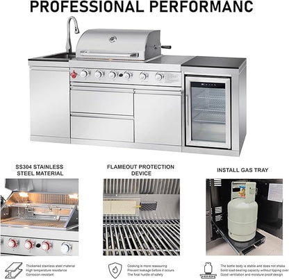 85" Modular Outdoor Kitchen Island with Grill and Side Burner, 4-Burner 71,500 BTU Propane BBQ Island, Refrigerator, Sink & Rotisserie, for Backyard and Patio Cooking, Silver