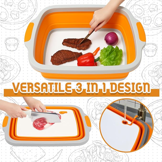 Funnymoom 2pcs Barbecue Prep Set Include Collapsible BBQ Prep Tub with Lid and Cutting Board(4.22 Gal/16l) BBQ Blanket for Resting Meat(21inch) Smoker Blanket Insulated(Orange,Classic Style)