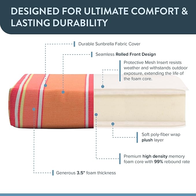 California Umbrella Outdoor Dining Chair, Patio Seat Cushion, 20 x 40 Inch, Premium Outdoor Memory Foam, Fade Resistant Sunbrella Fabric, Fabric Ties,Dolce Mango