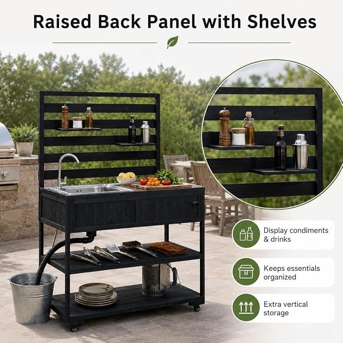 Patio Rolling Kitchen Island with Sink, 41.7 Inch Outdoor BBQ Cart | Solid fir wood frame, stainless steel top and sink, patio BBQ prep, 4 lockable wheels, 2 movable shelves, 41.7 x 16.6 x 65 in
