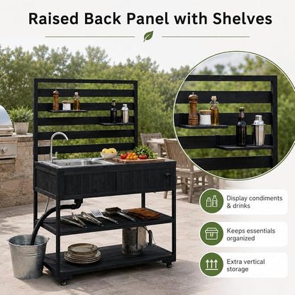 Patio Rolling Kitchen Island with Sink, 41.7 Inch Outdoor BBQ Cart | Solid fir wood frame, stainless steel top and sink, patio BBQ prep, 4 lockable wheels, 2 movable shelves, 41.7 x 16.6 x 65 in
