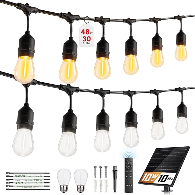 48FT Solar String Lights Outdoor Waterproof, 30 Super Bright LED Bulbs, USB Charging & Remote Control - Color Adjustable Solar Power Patio Lights, with Intelligent Assisted Positioning