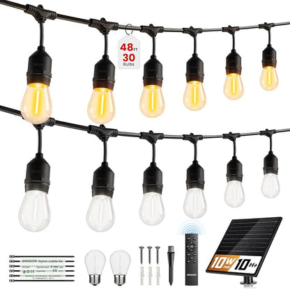 48FT Solar String Lights Outdoor Waterproof, 30 Super Bright LED Bulbs, USB Charging & Remote Control - Color Adjustable Solar Power Patio Lights, with Intelligent Assisted Positioning