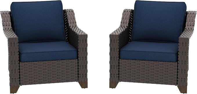 2 Piece Patio Furniture Set, Wicker Outdoor Conversation Set | Patio Chair Set with Olefin Removable Cushion, All-Weather Armchairs with Deep Seat for Porch, Deck and Backyard, Blue