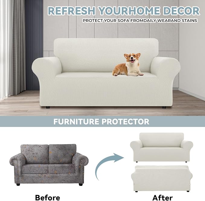 LURKA Stretch Loveseat Couch Cover, 1 Piece 2 Cushion Sofa Slipcover, Ivory | Soft Stretch Jacquard, Fits 55"-78" Loveseats, Elastic Bottom for Secure Fit, Machine Washable, Pet & Kid Friendly