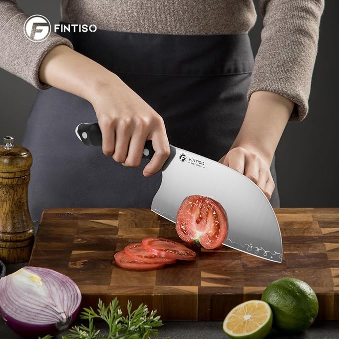 FINTISO Serbian Chef Knife, 6.5 Inch Hand Forged Meat Cleaver Knife with 5-Layer High Carbon Stainless Steel, Full Tang Outdoor-Proof G10 Handle, Ideal for Kitchen, Camping & BBQ Cooking