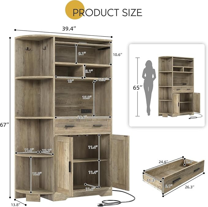 YITAHOME 67" Kitchen Hutch with Outlet, Shelves & Drawer, Antique Gray | Farmhouse Microwave Stand Buffet Coffee Bar for Living Room and Dining Room