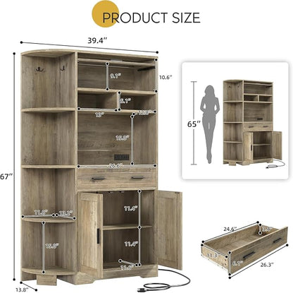 YITAHOME 67" Kitchen Hutch with Outlet, Shelves & Drawer, Antique Gray | Farmhouse Microwave Stand Buffet Coffee Bar for Living Room and Dining Room