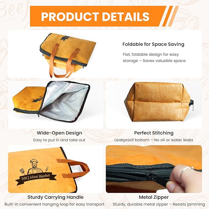 21 Inch BBQ Blanket for Resting Meat, Reusable Oil-Proof Smoker Grilling Bag with 5-Layer Insulation, Essential BBQ Accessories for Brisket/Beef/Pork Shoulders/Ribs/Turkeys, Gifts for Men