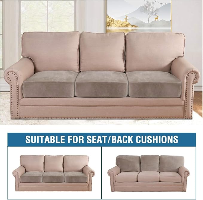 H.VERSAILTEX Velvet Stretch Couch Cushion Cover Plush Cushion Slipcover for Chair Loveseat Sofa Cushion Furniture Protector Seat Cushion Sofa Cover (3 Piece XL Sofa Cushion Covers, Taupe)