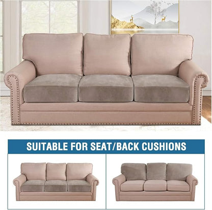 H.VERSAILTEX Velvet Stretch Couch Cushion Cover Plush Cushion Slipcover for Chair Loveseat Sofa Cushion Furniture Protector Seat Cushion Sofa Cover (3 Piece XL Sofa Cushion Covers, Taupe)