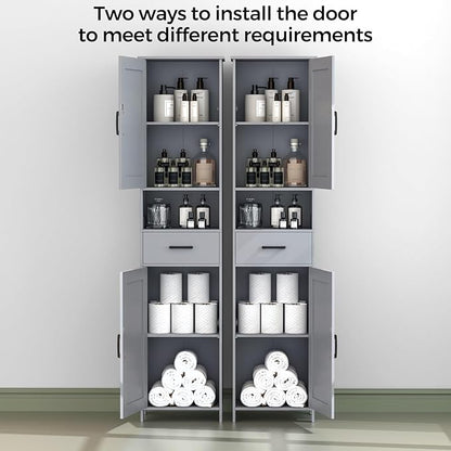 Homhedy 67" H Tall Bathroom Storage Cabinet with Barn Doors and Drawer | Narrow Storage Unit with Adjustable Shelves, Floor Cabinet for Bathroom, Living Room, Entryway or Kitchen, Gray, 15.7" W