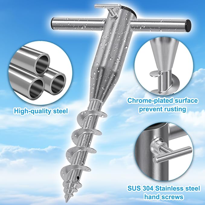 Dolibest Heavy Duty Beach Umbrella Sand Anchor, Screw-in Ground Anchor with 3 Sleeves (Fits 1-2" Poles), Windproof Beach Umbrella Stake, 2.2'' Fully Welded Spiral Design for Ultimate Stability