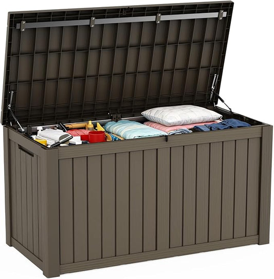 Pepe Tee Waterproof Resin Deck Box, Outdoor Storage Bin for Patio Furniture Cushions, All-Weather Garden Organizer & Seating Bench, Coffee