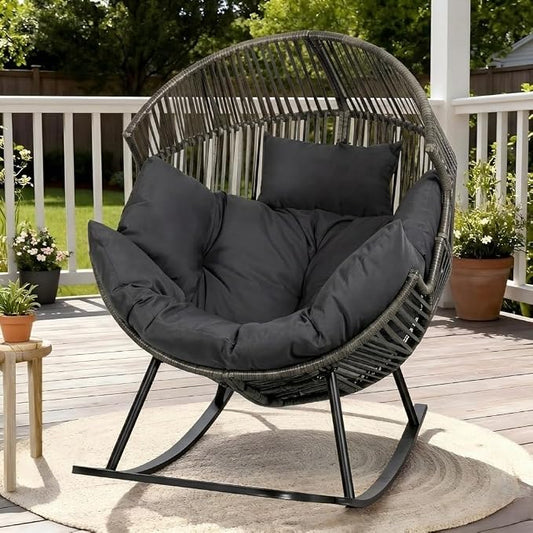 Shintenchi Oversized Outdoor Rocking Chair, Wicker Egg Patio Lounge Chair Basket Seat with Thick Cushion, All Weather Indoor Outdoor Porch Rockers for Balcony, Living Room, Lawn Garden